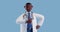 3d render, cartoon character doctor with dark skin, wears glasses, shows thumb up, like gesture. Medical health care clip art