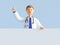 3d render, cartoon character doctor wearing uniform and stethoscope, hand up, medical background, blank banner