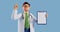 3d render, cartoon character doctor wears glasses shows finger up holds blank clipboard. Medical clip art isolated on blue