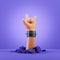3d render, cartoon character hand, rock gesture, blank poster mockup. Rock concert clip art isolated on violet background.
