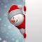 3d render cartoon character, happy snowman is hiding behind the wall, looks out the corner, holds blank banner mockup, Christmas