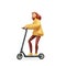 3d render, cartoon character redhead young woman wears yellow hoodie and red trousers, rides electric scooter. Modern urban