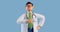 3d render, cartoon character smart doctor wears glasses and shows thumb up. Medical clip art isolated on blue background. Best