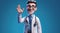 3d render, cartoon character smart trustworthy doctor wears glasses and shows inviting gesture.