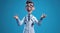 3d render, cartoon character smart trustworthy doctor wears glasses and shows inviting gesture.