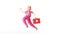 3d render, cartoon character woman doctor runs, wears pink uniform, holds red case first aid kit. Medical clip art isolated