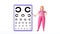3d render, cartoon character woman doctor wears pink uniform and glasses. Eye test, vision check up. Medical clip art isolated