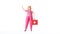 3d render, cartoon character woman doctor wears pink uniform, holds red case first aid kit. Medical clip art isolated