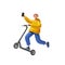 3d render, cartoon character young man wears yellow hoodie and blue trousers, holds smart phone, rides electric kick scooter.