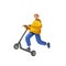 3d render, cartoon character young man wears yellow hoodie and blue trousers, rides electric kick scooter, makes extreme tricks.