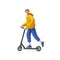 3d render, cartoon character young man wears yellow hoodie and blue trousers, rides electric kick scooter. Urban transportation.