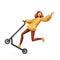 3d render, cartoon character young redhead woman wears yellow hoodie and red trousers, rides electric scooter, makes extreme