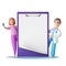 3d render. Cartoon characters doctor and nurse near the big clipboard with blank page. Copy space.