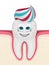 3D render of cartoon in gum Mr Tooth looking at toothpaste