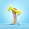 3d render cartoon hand holds yellow dumbbell, sport motivation clip art isolated on light blue background. Physical activity