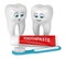 3D render of cartoon Mr Tooth with friend looking at toothbrush and toothpaste