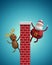 3d render, cartoon Santa Claus and Reindeer climbing the chimney