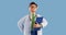 3d render, caucasian male doctor wears glasses and holds blue clipboard. Medical clip art isolated on blue background. Health
