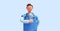 3d render, caucasian young man, cartoon character nurse wears blue shirt, looks at camera, shows thumbs up, like gesture. Health