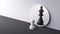 3d render, chess game white pawn piece stands in front of the round mirror where white king reflects. Contradiction metaphor.