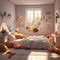 3d render of children\\\'s room interior with bed and toys.