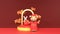 3D Render, Chinese God Of Wealth Caishen Holding Ingots With Bunny Character, Treasure Sack On Podium And Golden Clouds Against