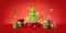 3d render, Christmas background with wrapped gift boxes and festive ornaments. Winter holiday wallpaper