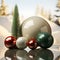 3D render of Christmas balls in window with snowcapped mountains in the back