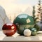 3D render of Christmas balls in window with snowcapped mountains in the back