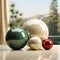 3D render of Christmas balls in window with snowcapped mountains in the back