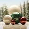 3D render of Christmas balls in window with snowcapped mountains in the back