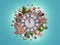 3d render, Christmas clock shows five minutes before the midnight. Assortment ornaments: gingerbread cookies, caramel candies,