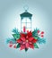 3d render, Christmas color paper lantern, red poinsettia flower, festive embellishment, holiday decoration, greeting card