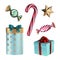 3d render, Christmas design elements: caramel candy cane, golden star, gift boxes, wrapped sweets. Holiday clip art collection