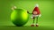 3d render, Christmas elf toy holds big glass ball ornament, festive clip art isolated on green background. Red cap mascot with