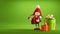 3d render, Christmas elf toy holds gift, pile of boxes, clip art isolated on green background. Red cap mascot with face hands and