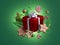 3d render, Christmas gift, red square box wrapped with white bow, glass balls, candy cane, golden stars, gingerbread cookies.