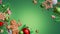 3d render, Christmas green background. Festive seasonal ornaments, fir tree twigs, glass balls, candy cane, gingerbread man,