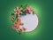3d render, Christmas greeting card mockup. Round frame with copy space, decorated with festive ornaments, gingerbread man, cookies