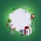 3d render, Christmas greeting card mockup. White hexagonal frame with copy space, decorated with glass balls, festive ornaments,