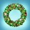 3d render, Christmas round spruce wreath decorated with festive ornaments: lights, red glass balls, golden stars, candy canes.