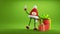 3d render, Christmas toy and gift boxes clip art isolated on green background. Red cap mascot with face hands and legs. Little