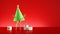 3d render, Christmas tree cartoon character, green cone with golden legs, wrapped gift boxes, isolated on red background.