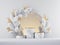 3d render, Christmas white gold background with empty marble pedestal steps and round frame decorated with spruce twigs and
