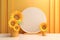 3d render of circle podium with sunflowers on yellow background