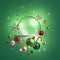 3d render, clear glass ball mockup decorated with Christmas ornaments, isolated on green background. Empty space, poster mockup.