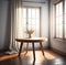 3D render close up of an empty teak wood round table inside the room with linen curtain in background, beautiful morning sunlight.