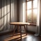 3D render close up of an empty teak wood round table inside the room with linen curtain in background, beautiful morning sunlight.