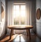 3D render close up of an empty teak wood round table inside the room with linen curtain in background, beautiful morning sunlight.