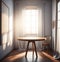 3D render close up of an empty teak wood round table inside the room with linen curtain in background, beautiful morning sunlight.